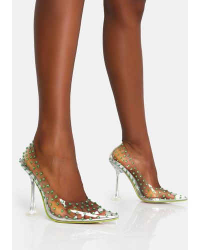 Public Desire Fancy Lime Diamante Court Clear Perspex Pointed Toe Stiletto Heels - Brown