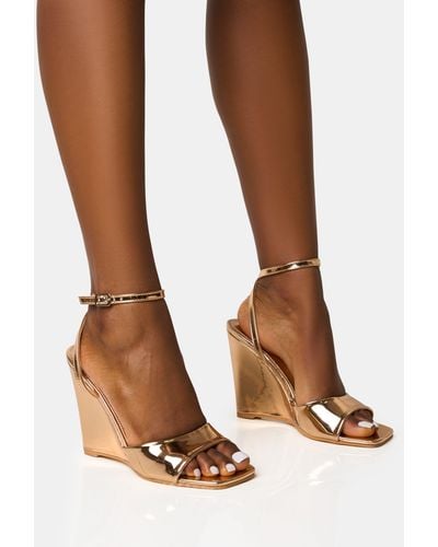 Public Desire Connection Rose Gold Strappy Peep Toe Wedges - Brown