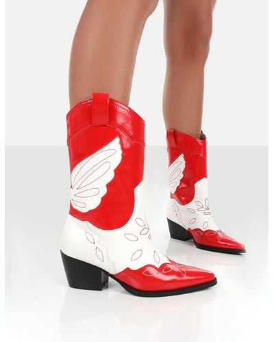 Public Desire Howdy Red Patent Pointed Toe Western Cowboy Block Ankle Boots