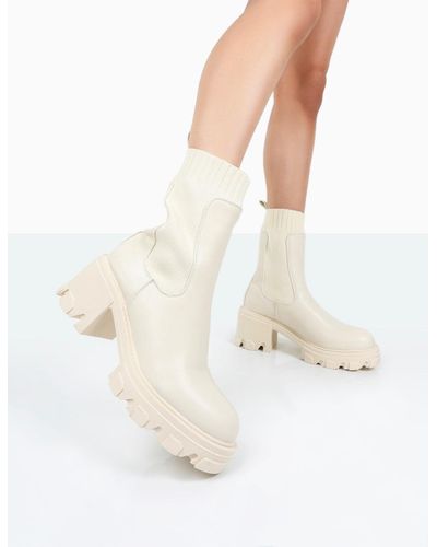 Public Desire Everdeen Ecru Pu And Knit Chunky Heeled Platform Sock Ankle Boots - White