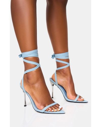 Public Desire Ultimate Denim Lace Up Diamante Encrusted Pointed Toe Stiletto Heels - White