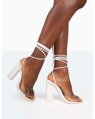 Public Desire Date-night Wide Fit White Croc Lace Up Clear Perspex Square Toe Heels - Multicolour