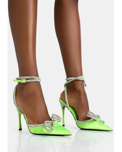 Public Desire Midnight Neon Lime Satin Wrap Around Bow Pointed Toe Court Heels - Green