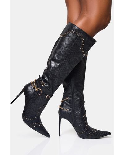 Public Desire Main Character Embellished Vintage Black Pointed Toe Stiletto Boots