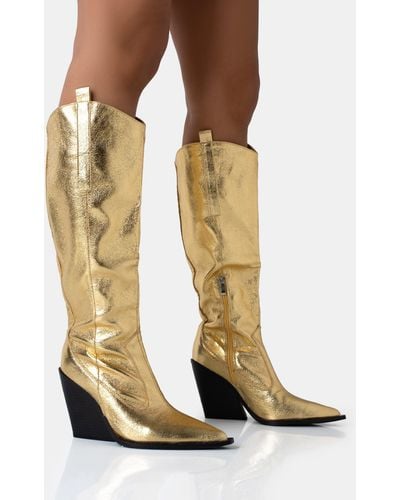 Public Desire Nevada Gold Metallic Western Cowboy Pointed Toe Block Heel Knee High Boots - Natural