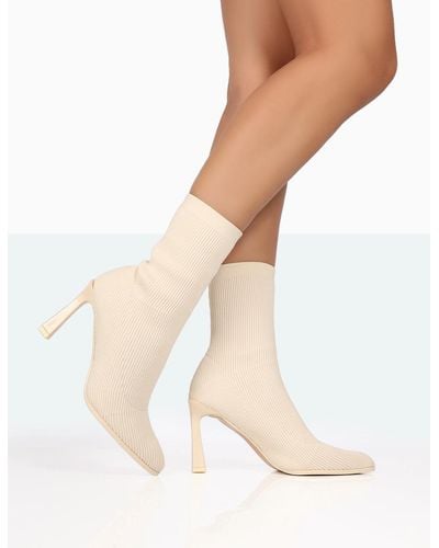 Public Desire Farah Ecru Knitted Pointed Toe Stiletto Heel Ankle Sock Boots - White