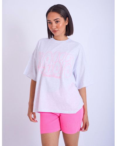 Public Desire Kaiia Studio Embroidered Bubble Logo Oversized T-shirt Grey Marl & Pink - White