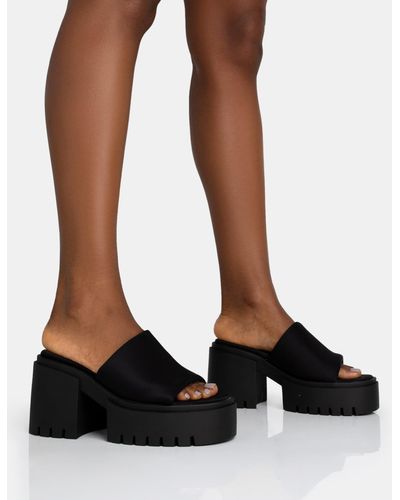Public Desire Sabeena Black Chunky Mule Round Toe Mid Heel Sandals