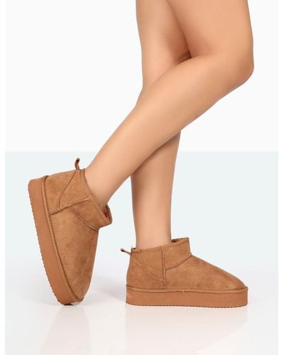 Public Desire Shorty Tan Faux Suede Ultra Mini Chunky Ankle Boots - White