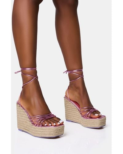Public Desire Heated Pink Wide Fit Strappy Lace Up Jute Wedges - Brown