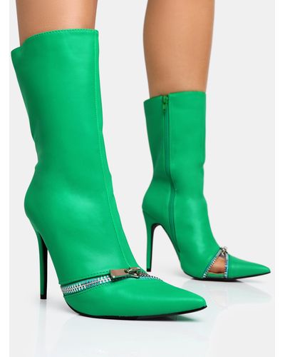 Public Desire Pitstop Green Pu Zip Detail Pointed Toe Stiletto Heel Ankle Boots