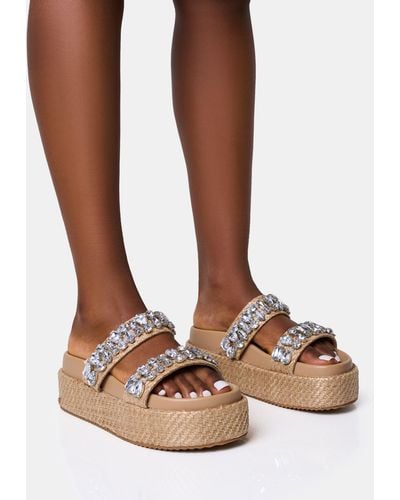 Public Desire Duchess Natural Raffia Double Strap Embellished Platform Slider Sandals - Brown