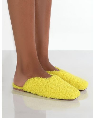 Public Desire Ciao Neon Yellow Teddy Slip On Slippers