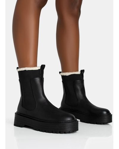 Public Desire Alpine Black Pu Faux Fur Trim Elasticated Ankle Detail Rounded Toe Chunky Sole Ankle Boots