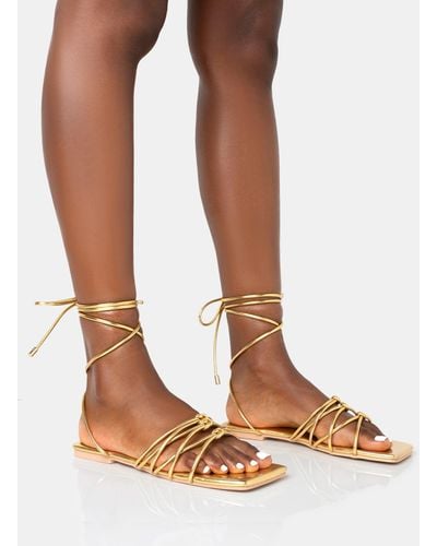 Public Desire Kelly Gold Pu Lace Up Flat Square Toe Sandals - Brown