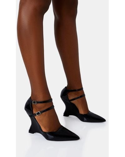 Public Desire Aspiration Black Patent Strappy Pointed Toe Platform Cut Out Wedge Heels - Brown