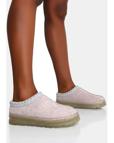 Public Desire Nala Light Grey Faux Suede Embroidered Slipper Platform Boots - Brown