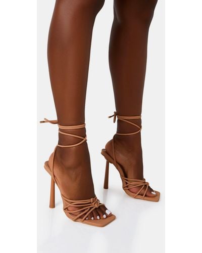 Public Desire Glow Up Wide Fit Nude Pu Knotted Strappy Lace Up Square Toe Stiletto Heels - Brown