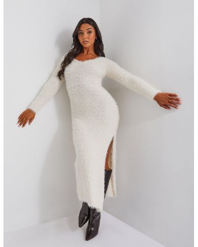 Public Desire Kaiia Plunge Maxi Boucle Jumper Dress - White