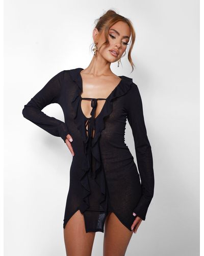 Public Desire Kaiia Sheer Plunge Neck Ruffle Detail Dress - Black