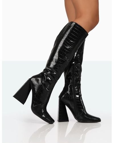 Public Desire Senna Black Patent Croc Knee High Block Heel Boots