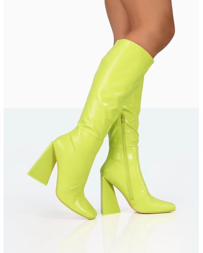 Public Desire Senna Lime Pu Knee High Block Heel Boots - Yellow