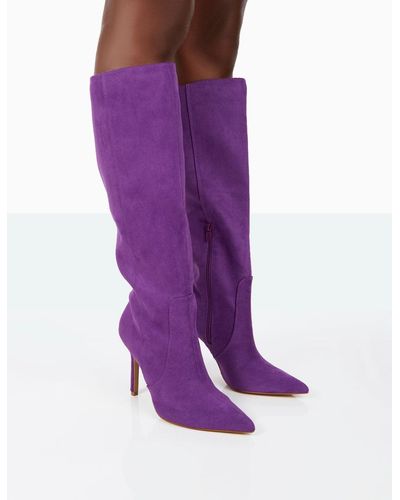Public Desire Best Believe Purple Faux Suede Pointed Toe Stiletto Heeled Knee High Boots