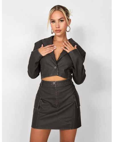Public Desire Kaiia Distressed Leather Look Cropped Blazer Co-ord - Grey