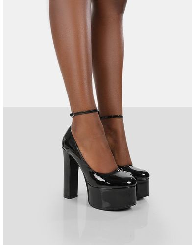 Public Desire Donatella Black Patent Ankle Strap Block Heel Platform Court Shoes