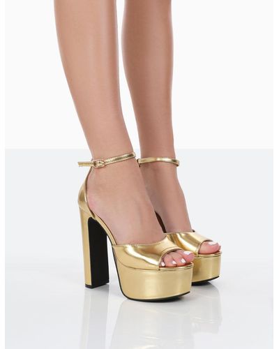 Public Desire Kylie Gold Pu High Heel Peep Toe Platform Block Heels - Multicolor