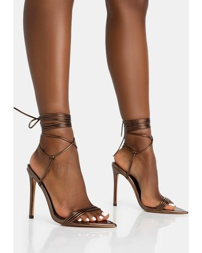 Public Desire Merlot Metallic Bronze Lace Up Wrap Around Pointed Toe Stiletto Heels - Brown