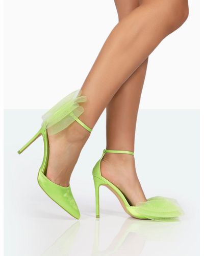 Public Desire Bell Lime Satin Statement Bow Pointed Court Stiletto Heels - Green