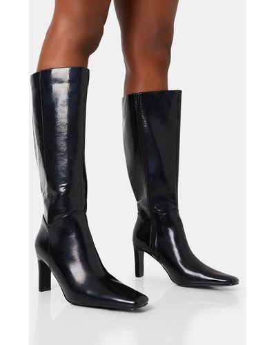 Public Desire Pose Wide Fit Black Textured Pu Zip Up Knee High Slim Block Heeled Boots