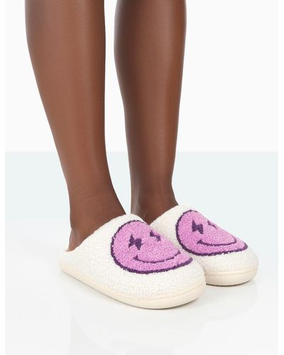 Public Desire Daze Lilac Printed Smiley Face Slippers - Pink