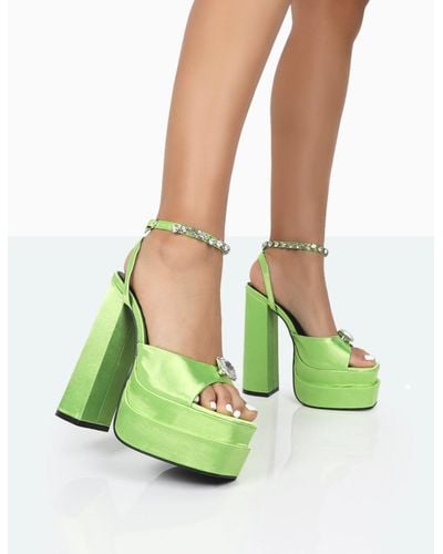 Public Desire Frozen Lime Satin Sparkly Diamante Strap Open Toe Block Platform Heels - Green