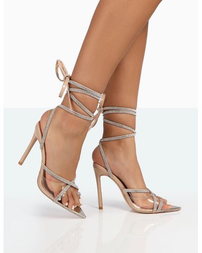 Public Desire Scout Nude Patent Clear Perspex Sparkly Pointed Toe Diamante Strappy Wrap Around Heels - Black