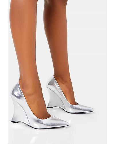 Public Desire Betty Silver Mirror Metallic Pu Pointed Toe Inverted Wedge Pointed Court Heels - White