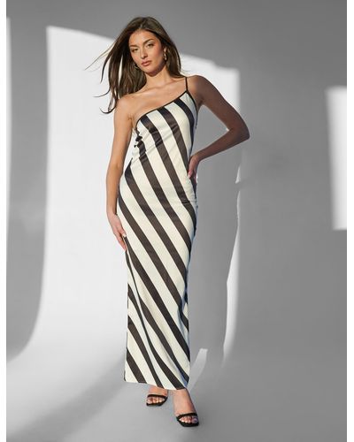 Public Desire Kaiia One Shoulder Maxi Dress Monochrome Stripe - Grey