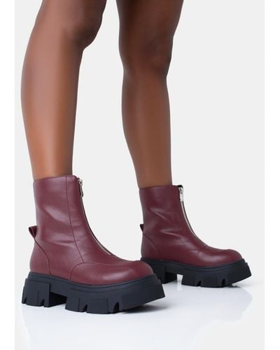 Public Desire Bergen Burgundy Pu Zip Up Detailed Rounded Toe Chunky Soled Ankle Boots - Purple