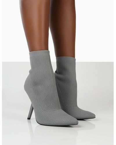 Public Desire Chantelle Grey Pointed Toe Stiletto Heel Sock Boots