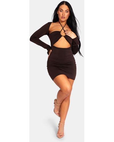 Public Desire Slinky Ruch Bust Cut Out Long Sleeved Dress Chocolate - Black