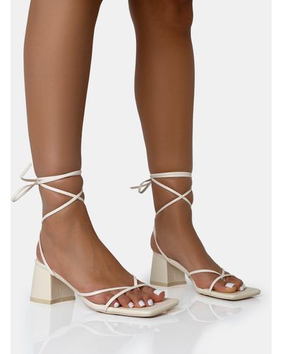Public Desire Misha Pink Square Toe Strappy Lace Up Thin Block Heels | Lyst