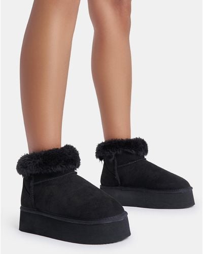 Public Desire Snowdrop Black Fur Faux Suede Ultra Mini Ankle Platform Boots