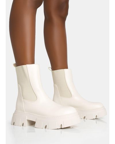 Public Desire Edgy Cream Pu Elasticated Ankle Rounded Chunky Sole Ankle Boots - Natural