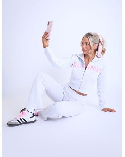 Public Desire Kaiia Sport Cropped Zip Up Hoodie Light Grey Marl & Pink - White