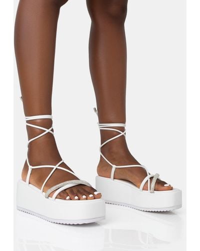 Public Desire Malia White Pu Diamante Strap Lace Up Chunky Platform Sandals - Brown