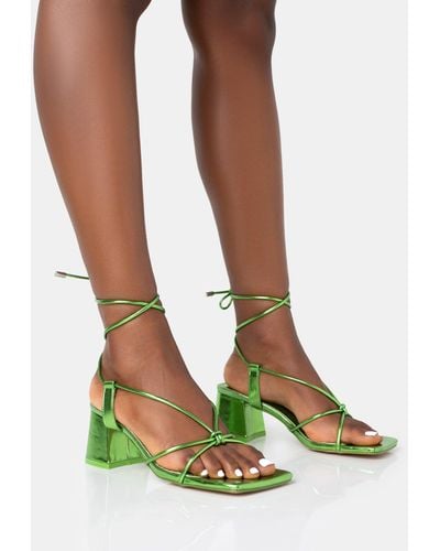 Public Desire Aloha Green Metallic Lace Up Block Mid Heeled Sandals