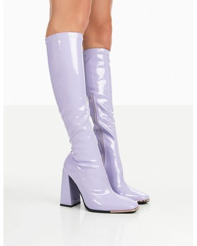 Public Desire Caryn Lilac Patent Knee High Block Heeled Boots - Purple