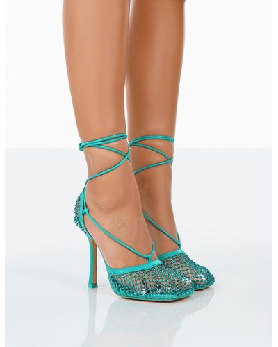 Public Desire Longshot Turquoise Blue Sparkly Diamante Wrap Around Mesh Heels