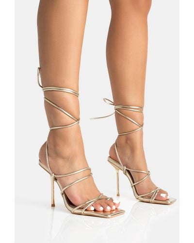 Public Desire Holly Gold Metallic Strappy Tie Up Square Toe Stiletto Heels - White